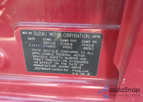 2012 Suzuki Sx4 z USA, uszkodzony, nr VIN JS2YB5A31C6304156